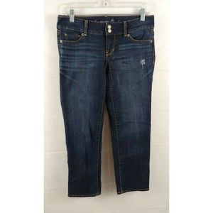American Eagle Womens Jeans Sz 4 Dark Wash Distressed Stretch Straight Leg Small